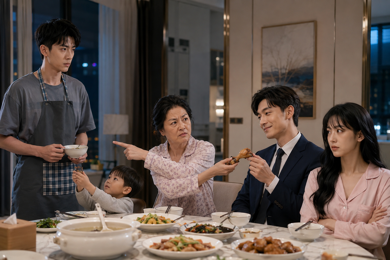 Chen Yuan observa en silencio cómo su suegra le entrega el mejor muslo de pollo a Wen Xuan